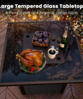 28 Inch Rattan Square Outdoor Gas Fire Pit Table With Glass Wind Guard And Tempered Glass Top Includes Lid 50,000 BTU CSA Listed Weatherproof Wicker On Stainless Steel Frame Black Backyard Patio Deck Garden, displaying a table set with food and drinks