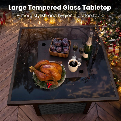 28 Inch Rattan Square Outdoor Gas Fire Pit Table With Glass Wind Guard And Tempered Glass Top Includes Lid 50,000 BTU CSA Listed Weatherproof Wicker On Stainless Steel Frame Black Backyard Patio Deck Garden, displaying a table set with food and drinks