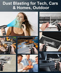 Cordless Air Duster Mini Blower with 130000 RPM Turbo Jet Fan for electronics, cars, home, and outdoor spaces. Multiple use cases shown.