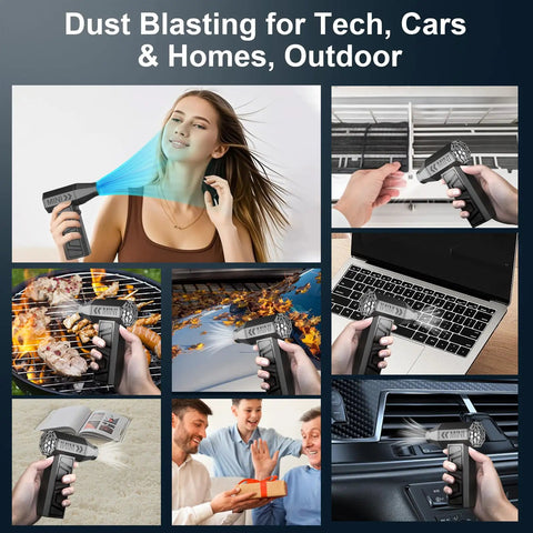 Cordless Air Duster Mini Blower with 130000 RPM Turbo Jet Fan for electronics, cars, home, and outdoor spaces. Multiple use cases shown.