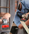 Heavy Hitter Wire Wheel Brush Set features twisted knotted steel cups on angle grinders for rust removal and metal polishing.