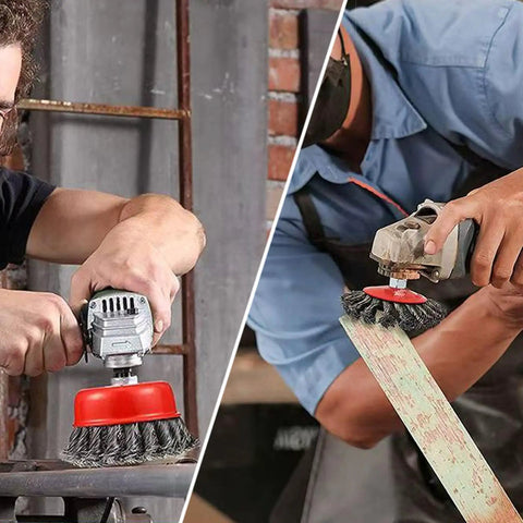 Heavy Hitter Wire Wheel Brush Set features twisted knotted steel cups on angle grinders for rust removal and metal polishing.