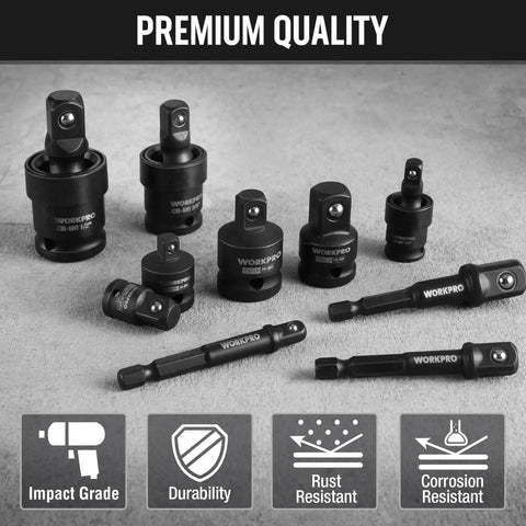 Pro Grade Impact Socket Adapters And Reducers Kit With Universal Joints And Drill Adapters, One Quarter Inch, Three Eighths Inch And One Half Inch Drive, Case Included, Perfect For Automotive Repairs And Home DIY displayed on grey surface