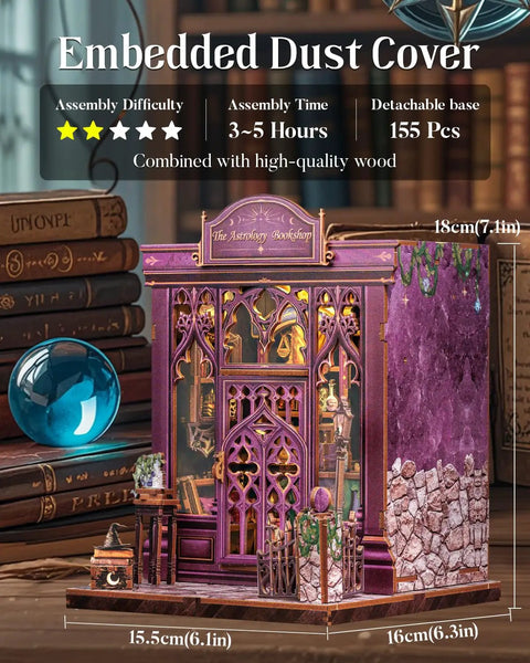 DIY Miniature Book Nook Kit With LED Light 3D Wooden Puzzle Bookshelf Insert Decor Astrology Themed Bookshop Craft For Beginners And Teens Dope Gift For Book Lovers And Home Decor Enthusiasts product showcase with assembly details and dimensions.