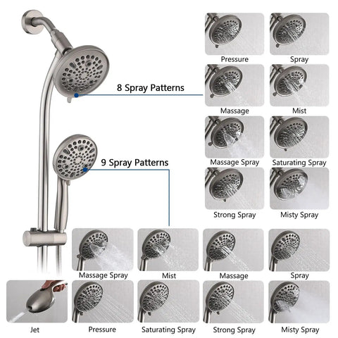 Rainfall Shower Head With Handheld Spray No Drill 26 Inch Adjustable Height Slider Bar High Pressure Dual Shower Head Set Brushed Nickel Finish