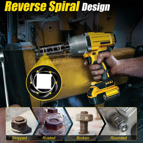 Person using Flip Lug Nut Removal Tool Kit With Dual Head Design to remove damaged bolt on machinery.