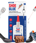 Heavy Duty Shoe Glue With Built In Brush And Precision Nozzle For Sneakers, Boots, Heels, Crocs And More Ultra Strong Bond Flexible Repair Works Under Extreme Conditions, packaging with shoes in background