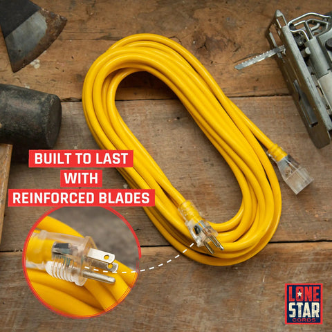 10 Gauge Heavy Duty Lighted Plug Outdoor Extension Cord 25 Ft Yellow Weatherproof Contractor Grade on wooden surface