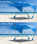 Beach Shade Canopy 100 Sq Ft Wind Powered Sunshade Sail for 4 to 6 People on beach, UPF 50 Plus, blue, sandbags visible