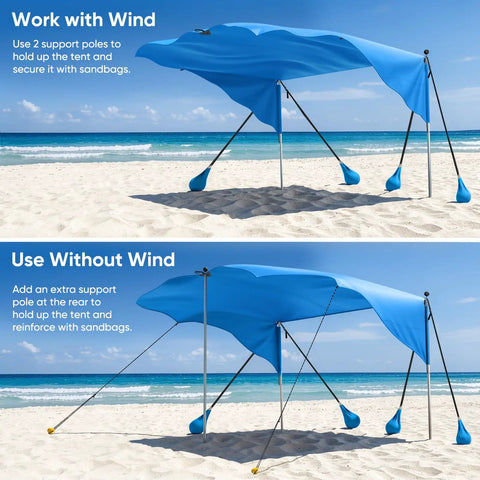 Beach Shade Canopy 100 Sq Ft Wind Powered Sunshade Sail for 4 to 6 People on beach, UPF 50 Plus, blue, sandbags visible