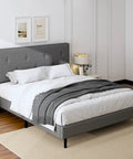 Queen Size Linen Bed Frame With Adjustable Headboard Grey Upholstered Design Featuring Heavy Duty Wooden Base And High Density Foam For Ultimate Chill Vibes And Sleep Sanctuary Comfort in a modern bedroom setting.