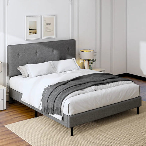 Queen Size Linen Bed Frame With Adjustable Headboard Grey Upholstered Design Featuring Heavy Duty Wooden Base And High Density Foam For Ultimate Chill Vibes And Sleep Sanctuary Comfort in a modern bedroom setting.