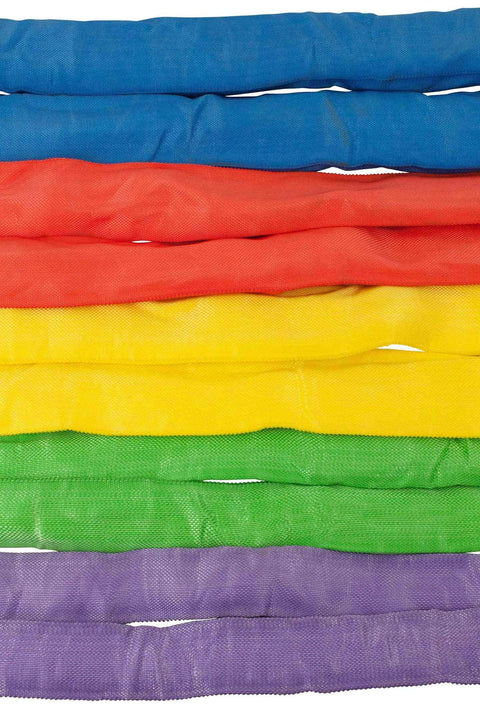 Colorful nylon round slings stacked, including endless round sling 12 foot red with hook combo 13,200 lbs WLL for crane rigging.