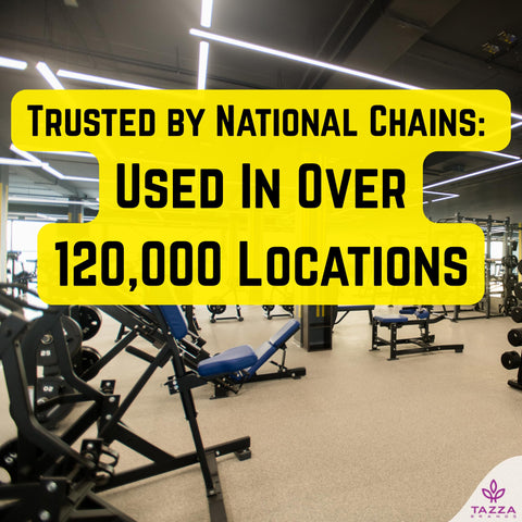 Gym equipment scene with text 'Trusted by National Chains: Used In Over 120,000 Locations' promoting Bulk Wipes 4 Pack 1200 Count Durable Pre Saturated Cleaning Wipes For Gym Equipment Benches Mats And Machines Penny Per Wipe Savings Plus High Capacity Sanitation For Busy Gyms