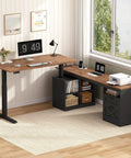 Hella Spacious Corner L Shaped Electric Standing Desk 66 Inch Height Adjustable Computer Workstation With Drawers Storage Shelves USB Power Port And Dang Easy Setup For Home Office Black Brown Finish in modern office.