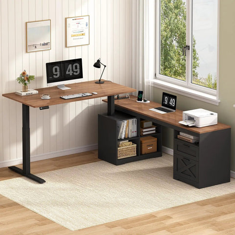 Hella Spacious Corner L Shaped Electric Standing Desk 66 Inch Height Adjustable Computer Workstation With Drawers Storage Shelves USB Power Port And Dang Easy Setup For Home Office Black Brown Finish in modern office.