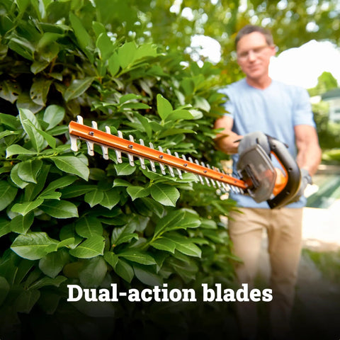 Man trimming hedge with 22 Inch Cordless Hedge Trimmer With Dual Action Blades, Lightweight 5.5 Lbs Yard Tool.