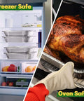 Heavy Duty 9x13 Aluminum Pans With Lids, 25 Pack Disposable Foil Bakeware in freezer and oven-safe demonstration with roasted chicken