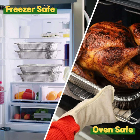 Heavy Duty 9x13 Aluminum Pans With Lids, 25 Pack Disposable Foil Bakeware in freezer and oven-safe demonstration with roasted chicken