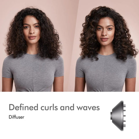 Before and after image showing hair styled with Supersonic Hair Dryer No Heat Damage With 5 Attachments Including Diffuser And Styling Concentrator Fast Drying With Digital Motor V9 And Air Multiplier Tech Intelligent Heat Control For All Hair Types And Precision Styling diffuser attachment
