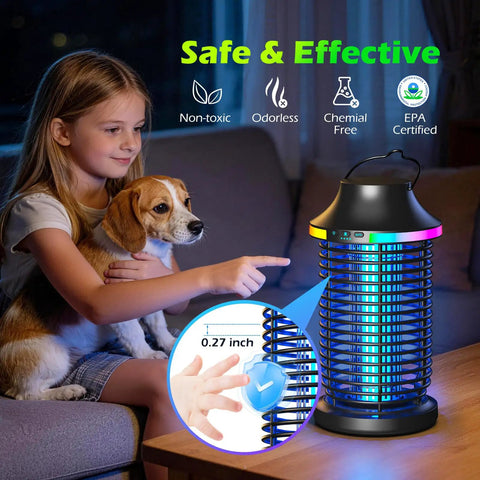 Cordless Outdoor Bug Zapper 4200V 5 In 1 Mosquito Killer With 5000mAh Battery shown on table next to girl holding dog