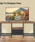 Reliable Industrial TV Console With Fabric Drawer And Open Storage Rack For 50 To 55 Inch Screens, rustic brown finish, with a TV displaying scenery.