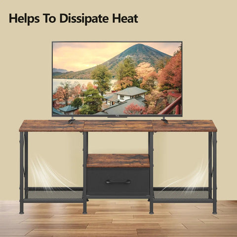 Reliable Industrial TV Console With Fabric Drawer And Open Storage Rack For 50 To 55 Inch Screens, rustic brown finish, with a TV displaying scenery.