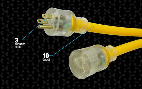 Polar Solar Extra Heavy Duty Outdoor Extension Cord 3-pronged plug, 10-gauge shown with high visibility yellow SJEOOW jacket close-up.