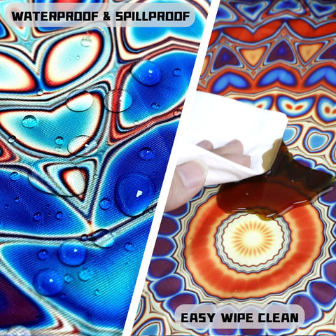 Close-up of waterproof and wipeable round fitted tablecloth with elastic for outdoor tables showing water and stain resistance.