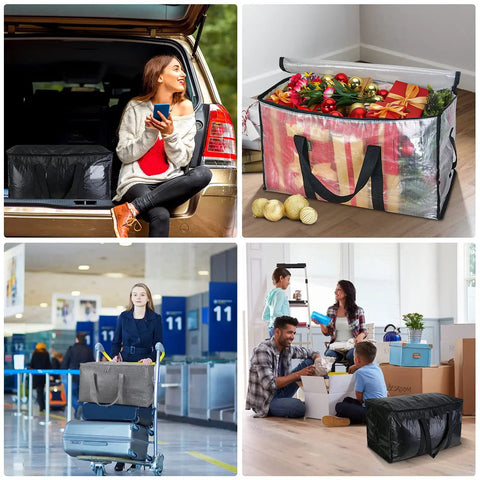 Six Pack Oversized Moving Bags With Reinforced Handles used for family packing, airport travel, and holiday storage, 27x15x14 in size.