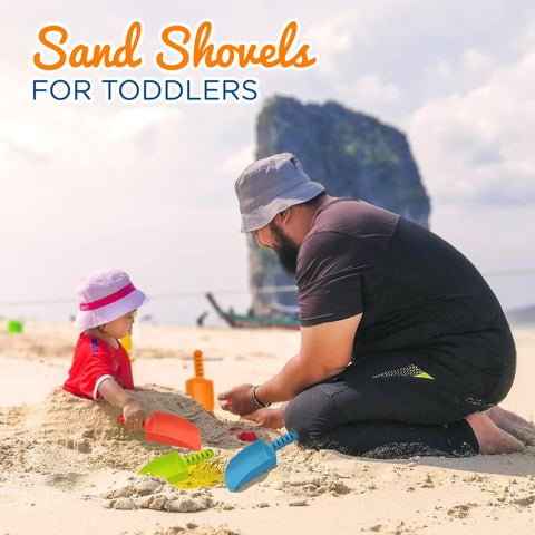 4 Pack Beach Shovels For Kids 8 Inch Heavy Duty Plastic Sand Shovels with child and adult on beach