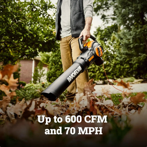 Man using 3 In 1 Leaf Blower Vacuum Mulcher With Metal Impeller For Quick Yard Cleanup 600 CFM Airflow And 16 To 1 Mulch Ratio Lightweight Yet Rugged Beast Electric Tool WG512 in a garden