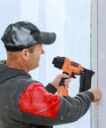 Pro Grade Galvanized Finish Nails 16 Gauge 1 Inch Straight Head Built Tough For Pneumatic Or Cordless Nailer Guns in use.