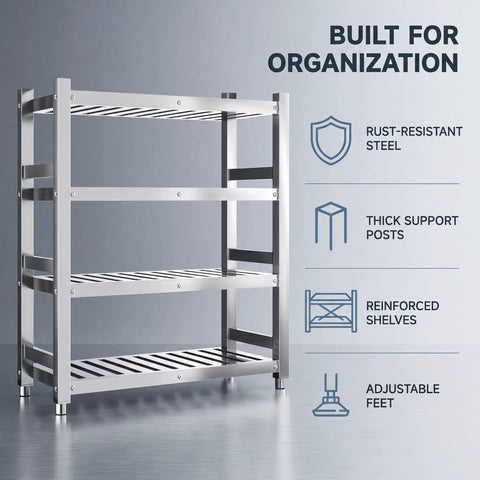 Heavy Duty Stainless Steel Shelving Unit Top Notch Metal Storage Rack Rock Solid Heavy Hitter For Kitchen Pantry Garage Industrial Load Holding Organizer Shelf 47 X 24 X 59 Inch with rust-resistant design and adjustable feet.