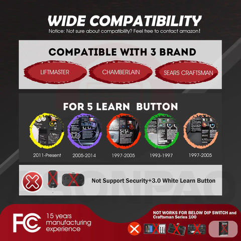 Compatibility chart for Wireless Universal Garage Door Opener Keypad CMXZDCG440 with Chamberlain, LiftMaster, Sears Craftsman.