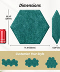 12 Pack Turquoise Hexagon Acoustic Panels High Density Foam Wall Tiles dimensions showing hexagon shape and size comparison with a Coke can.