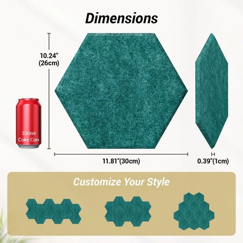 12 Pack Turquoise Hexagon Acoustic Panels High Density Foam Wall Tiles dimensions showing hexagon shape and size comparison with a Coke can.