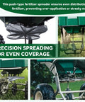 Heavy Duty Spreader Impeller Replacement For Lawn Care Broadcast Spreaders Built To Last For A Smooth Even Fertilizer Spread Pro Grade Fit With LESCO 101186 705699 091186 And 092807 50 Lb Push Spreader in use, showcasing precision spreading for even coverage on grass.