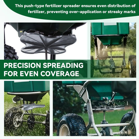 Heavy Duty Spreader Impeller Replacement For Lawn Care Broadcast Spreaders Built To Last For A Smooth Even Fertilizer Spread Pro Grade Fit With LESCO 101186 705699 091186 And 092807 50 Lb Push Spreader in use, showcasing precision spreading for even coverage on grass.