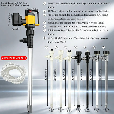 Heavy Duty 1000W Brushless Cordless Electric Drum Pump For Diesel Gas And Fuel Oil Transfer. This Rechargeable 36V Battery Powered Pump With Stainless Steel Tube Is Perfect For Garage Work. Includes Adjustable Speed Control And High Flow Rate To Get The
