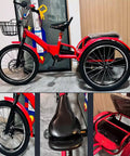 Red folding cruiser trike for kids aged 2 to 10 with dual brakes, tandem rear passenger seat, spoke pneumatic wheels, adjustable size.