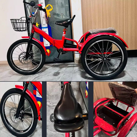 Red folding cruiser trike for kids aged 2 to 10 with dual brakes, tandem rear passenger seat, spoke pneumatic wheels, adjustable size.