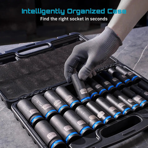 Half Inch Drive Deep Heavy Duty Impact Socket Set Pro Grade 22-Piece CR-MO Steel 6-Point Sockets for Impact Wrench in case