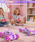 Two girls playing with Pink Gesture Sensing Remote Control Car For Kids Age 6 To 12 4WD Hand Controlled Stunt RC Car With Lights And Music indoors