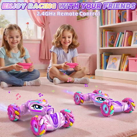 Two girls playing with Pink Gesture Sensing Remote Control Car For Kids Age 6 To 12 4WD Hand Controlled Stunt RC Car With Lights And Music indoors