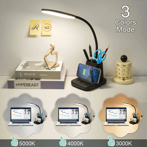 Lit Desk Lamp With Built In Wireless Charger And Pen Holder, Dimmable LED Desk Light For Home Office Or Dorm, 10W Wireless Charging