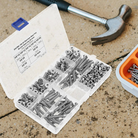 260 Piece M5 Nut Bolt And Washer Assortment Kit with Carbon Steel Spring Lock Washers on ground with hammer