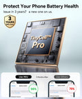 TinyCell Pro phone battery health protector with 3-year warranty and comparison of battery health percentages after 5 months of use.