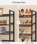 Heavy Duty Metal Shoe Rack Keeps Fifty Pairs Of Kicks Neat Eight Tier Entryway Closet Organizer With Removable Boot Shelf And Matte Black Finish To Slash Floor Clutter And Make Your Space Way Cozier angled for shoe display and flat for storage.