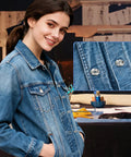 Woman wearing denim jacket with Dope 9.5mm Metal Snap Button Kit With 403 Pieces Silver Hollow Snaps shown installed